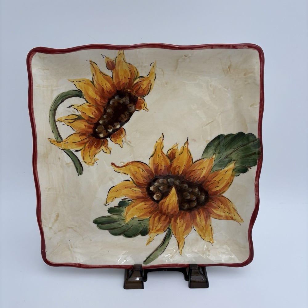 Vintage Tuscan Sunflower Terracotta Sunflower Plate Platter Serving 11x11" Nice